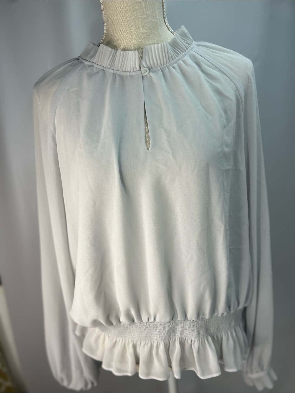 Ann Taylor Light Gray Long-Sleeve Ruffled Waist Dress